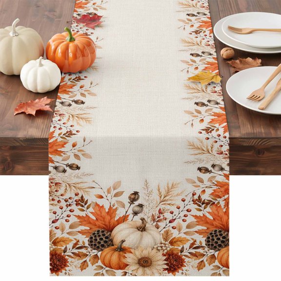 Thanksgiving Fall Table Runner, Rustic Orange Pumpkin Border of Maple Leaves Washable Cotton-linen Table Runners Dining Kitchen Decoration for Everyday Home Wedding Party Decor, 13 x 36 Inch