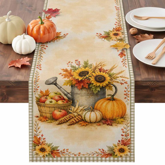 Thanksgiving Fall Table Runner, Rustic Orange Pumpkin Maple Leaves Border Gingham Washable Cotton-linen Table Runners Dining Kitchen Decoration for Everyday Home Wedding Party Decor, 13 x 36 Inch