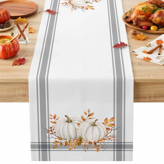 Thanksgiving Fall Table Runner, Rustic White Pumpkin Leaves Gray Plaid Lines Decorative Table Runner for Kitchen, Dining‑Room, Banquet and Holiday Party, 13x48 Inch