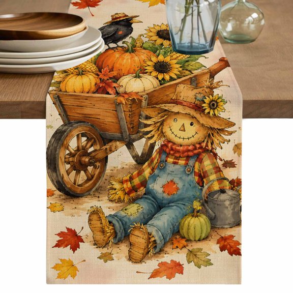 Thanksgiving Fall Table Runner, Rustic Yellow Hay Man Crow Pumpkin Sunflower Cotton Linen Table Cloth, Tablerunner for Kitchen Dining Party Wedding Home Decor 13x36 Inch