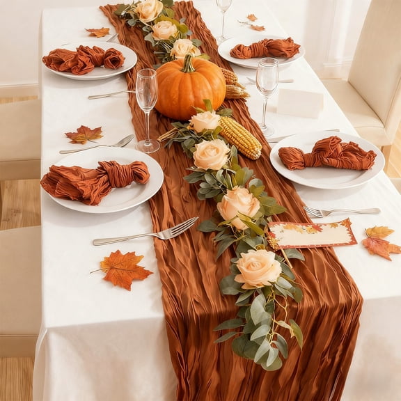 Thanksgiving Fall Table Runner Tablecloth, Boho Pleated Crinkle Polyester, Rust Red & Caramel 35x71 in for Dining Table, Wedding & Party Decor
