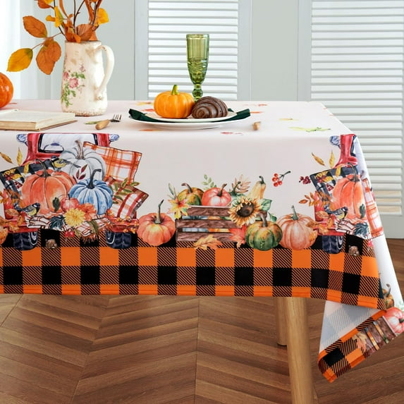 Thanksgiving Fall Tablecloth, Harvest Pumpkin Square Table Cloth, Farmhouse Holiday Checkered Table Cover for Party Picnic Dinner Decor Orange 60 x 60 Inch