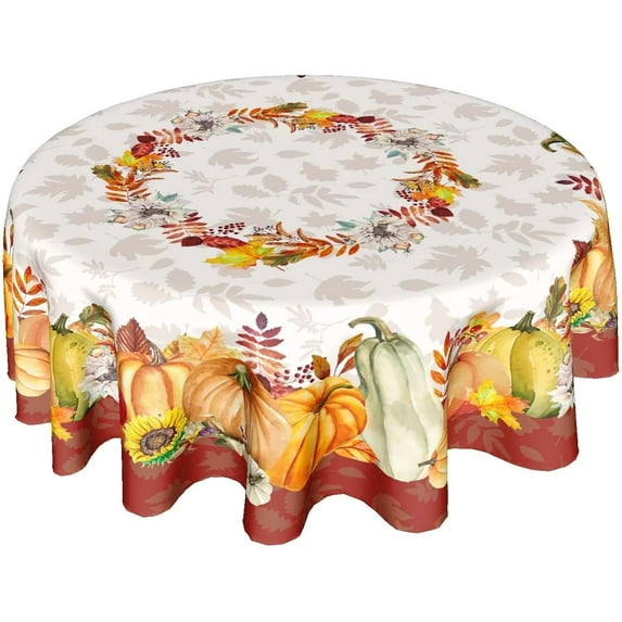 Thanksgiving Fall Tablecloth Round 60 Inch Autumn Harvest Pumpkin Table Cloth Washable Maple Leaf Farmhouse Red Table Cover for Kitchen Dinner Room Holiday Picnic Party Indoor Outdoor Decor