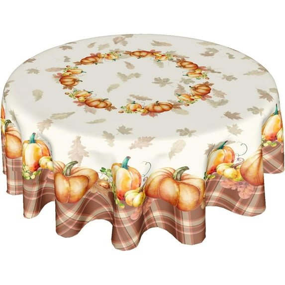 Thanksgiving Fall Tablecloth Round 60 Inch Autumn Pumpkin Harvest Table Cloths Polyester Fabric Plaid and Fall Leaf Seasonal Table Cover for Kitchen Dining Room Picnic Party Autumn Outdoor