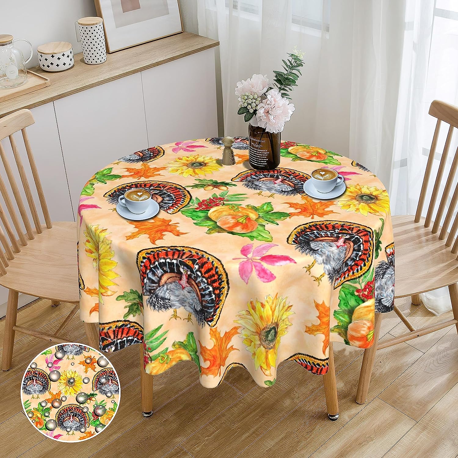 Thanksgiving Fall Tablecloth Round 60 Inch Stain Resistance TableCloths