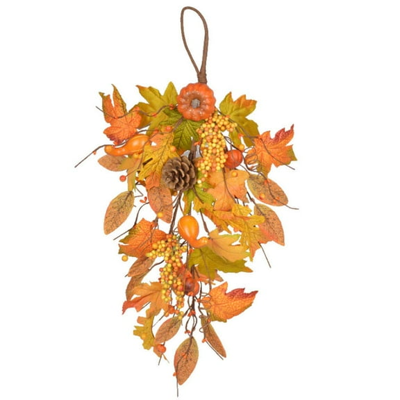 Thanksgiving Fall Teardrop Swag, 25inch Artificial Fall Maple Swag, Artificial Decorative Swag with Mixed Pumpkin, Pine Cone, Berries, Harvest Teardrop Swag for Home Fall Front Door Decor