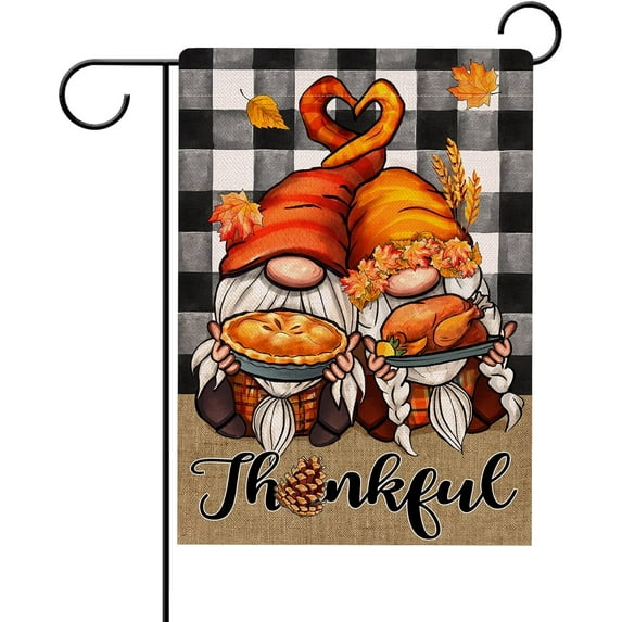 Thanksgiving Fall Thankful Gnomes Buffalo Plaid Check Farmhouse Garden Flag Double Sided, Autumn Turkey Pie Decorative Yard Outdoor Small Decor, Burlap Home Outside Decoration 12.5 x 18