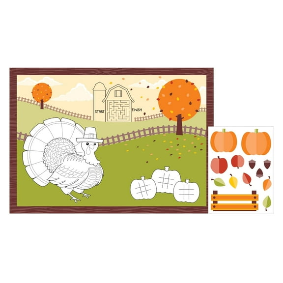 Thanksgiving Fall Themed Package Party Placemat Fun Kids Activity Kit Stickers 8 Ct