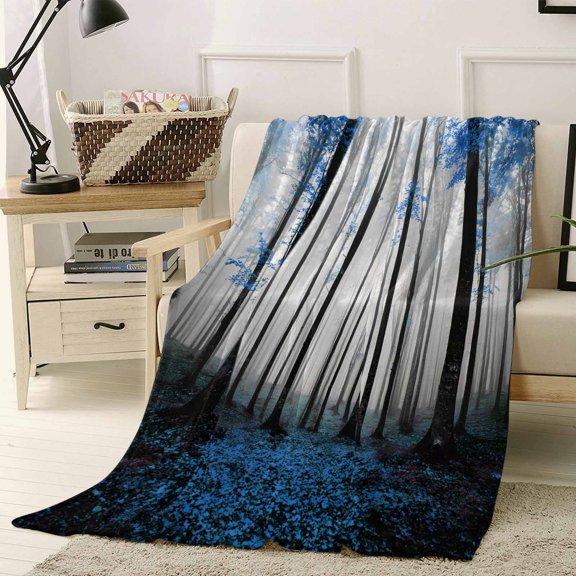 Thanksgiving Fall Throw Flannel Blanket 60x80In Retro Blue Maple Leaf Forest Super Soft Cozy Bed Blanket, Lightweight Plush Fuzzy Bed Throw for Bedroom Sofa Couch Living Room