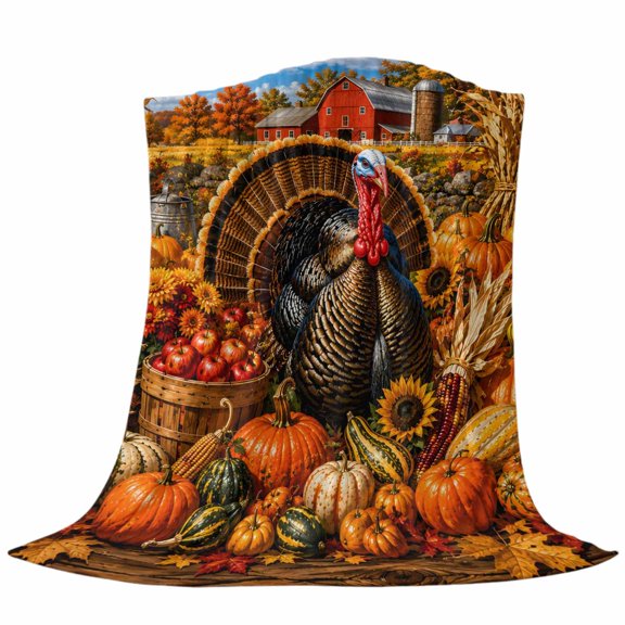 Thanksgiving Fall Throw Flannel Blanket Countryside Harvest Turkey Bird Pumpkin Red Barn Farm Super Soft Cozy Bed Blanket, Lightweight Plush Fuzzy Bed Throw for Bedroom Sofa Couch Living Room 30x40in