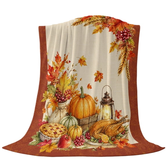 Thanksgiving Fall Throw Flannel Blanket Rustic Orange Turkey Maple Leaf Linen Texture Super Soft Cozy Bed Blanket, Lightweight Plush Fuzzy Bed Throw for Bedroom Sofa Couch Living Room 30x40in