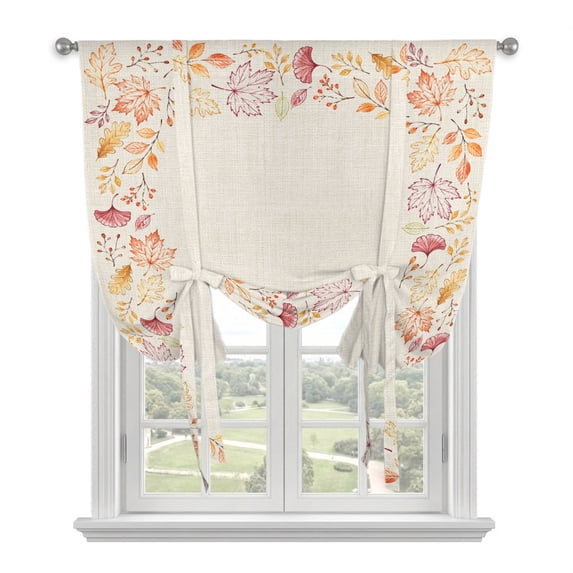 Thanksgiving Fall Tie Up Curtains for Windows, Adjustable Balloon Window Shades, Autumn Falling Maple Leaves Branches Kitchen Window Treatments Adjustable Roll Up Curtain for Basement/Nursery 52"x45"