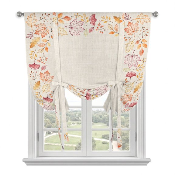 Thanksgiving Fall Tie Up Curtains for Windows, Adjustable Balloon Window Shades, Autumn Falling Maple Leaves Branches Kitchen Window Treatments Farmhouse Short Curtains with Rod Pocket 42"x45"