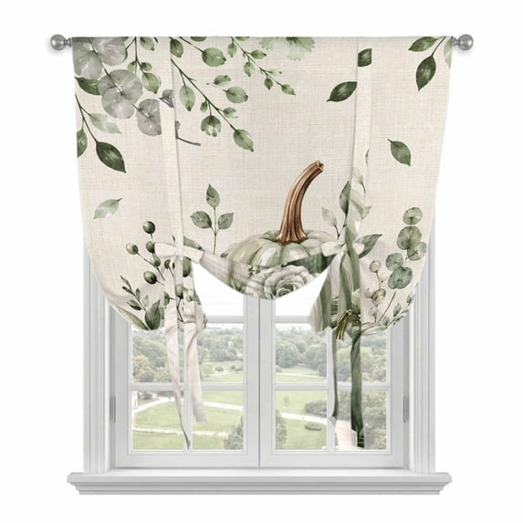 Thanksgiving Fall Tie Up Curtains for Windows, Balloon Window Shades, Green Pumpkin Autumn Eucalyptus Rustic Floral Kitchen Window Treatments Farmhouse Short Curtains with Rod Pocket 42"x45"