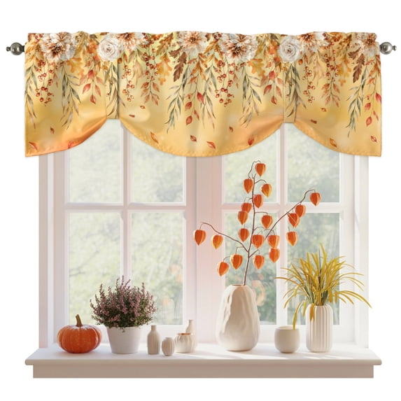 Thanksgiving Fall Tie Up Valance Curtains for Windows, Kitchen Curtains Window Treatments, Orange Farmhouse Maple Leaves Flowers Short Window Shades Valances for Bedroom Bathroom Cafe 42"x12"