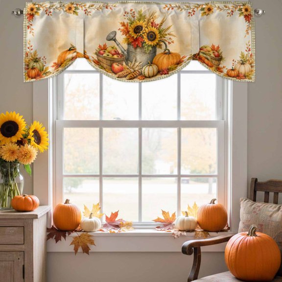 Thanksgiving Fall Tie Up Valance for Windows, Rustic Orange Pumpkin Maple Leaves Border Gingham Adjustable Rod Pocket Tie Up Valance Curtains for Kitchen Bathroom Bedroom 42 X 12 Inch