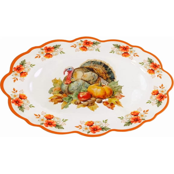 Thanksgiving Fall Turkey Platter Serving Tray Dish Reusable Melamine Large 16 X 12.6 inch Harvest Autumn Oval Plate for Party Tableware Holiday Buffet Friendsgiving Snacks Appetizers