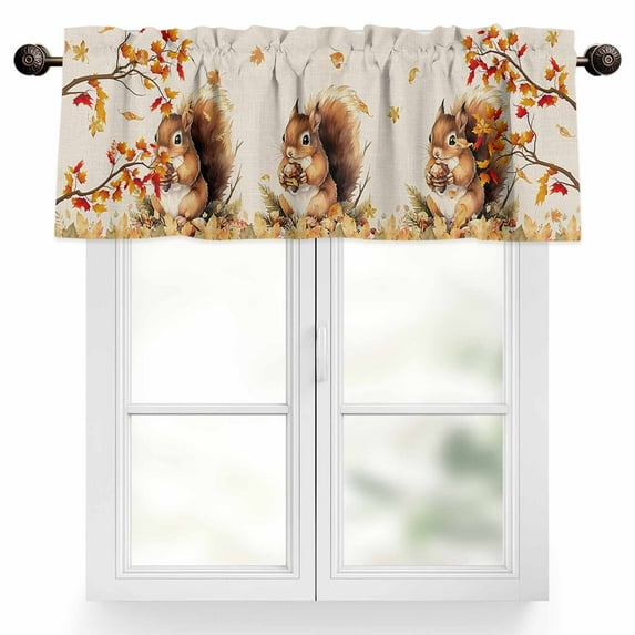 Thanksgiving Fall Valances for Windows, 54 x 18in, Squirrel Maple Leaf Cotton Linen Background Rod Pocket Kitchen Valance Curtain Light Filtering Window Treatments for Living Room Bedroom, 1 Panel