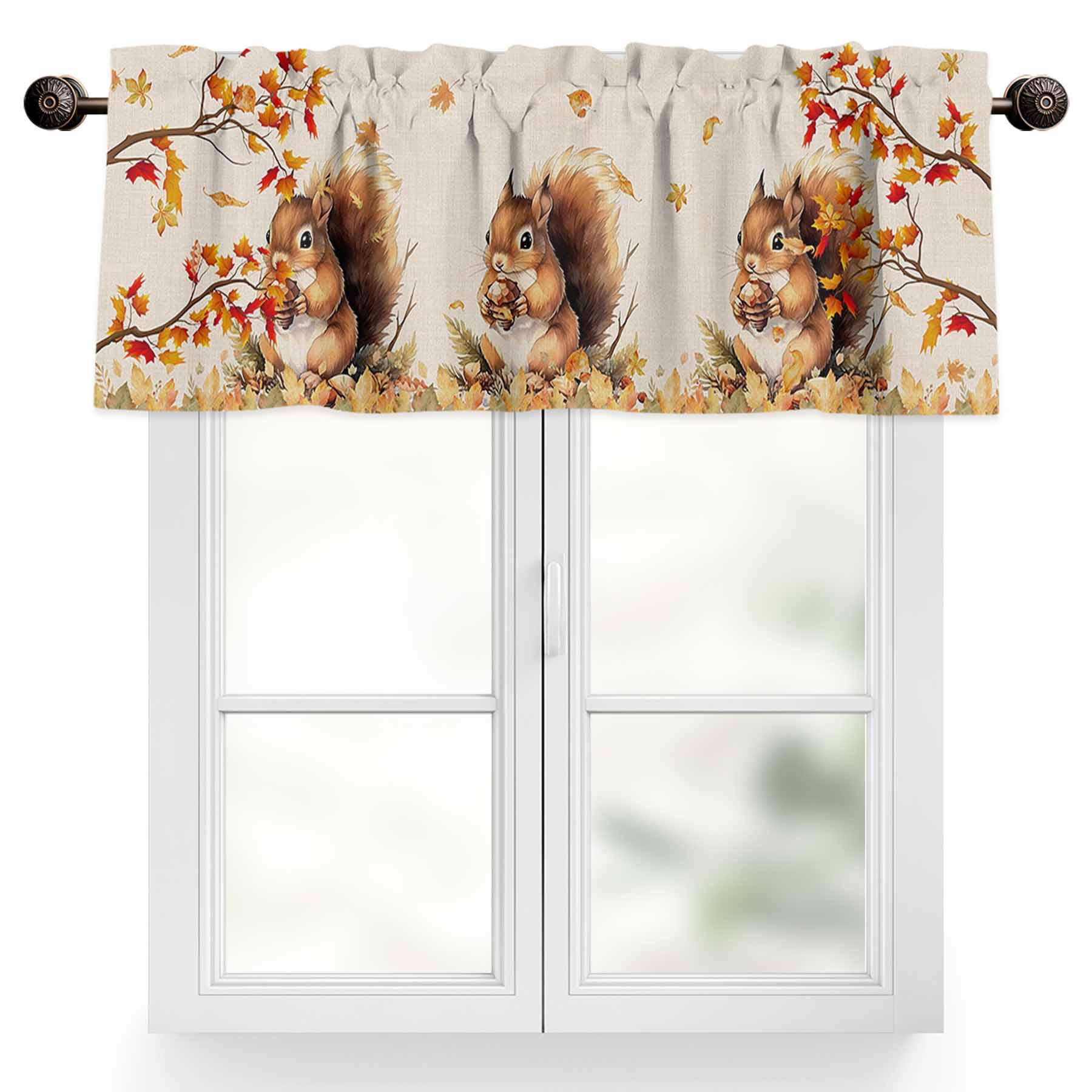 Thanksgiving Fall Valances for Windows, 60 x 18in, Squirrel Maple Leaf Cotton Linen Background Rod Pocket Kitchen Valance Curtain Light Filtering Window Treatments for Living Room Bedroom, 1 Panel