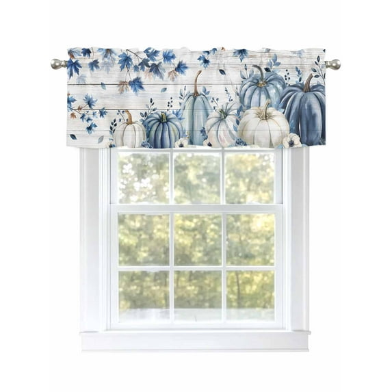 Thanksgiving Fall Valances for Windows Blue Maple Leaf Pumpkin Wood Grain Kitchen Valance Curtain Rod Pocket Small Curtains for Cafe Bathroom Laundry Basement 54" x 18"