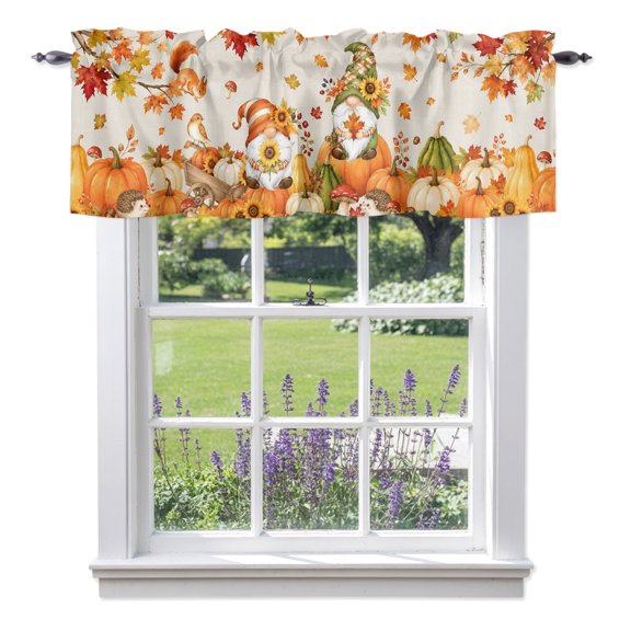 Thanksgiving Fall Valances for Windows, Gnomes Maple Leaf Pumpkins Squirrel Linen Texture Rod Pocket Short Window Valance Curtains Holiday Window Treatment for Kitchen Living Room Bathroom 54" x 18"