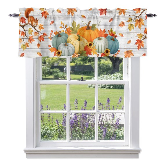 Thanksgiving Fall Valances for Windows, Orange Pumpkins Maple Branch Wood Grain Valance Window Treatment Rod Pocket Short Curtains Valances for Kitchen Bathroom 42"W x 12"L