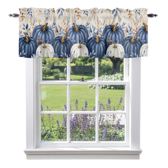 Thanksgiving Fall Valances for Windows, Rustic Farmhouse Navy White Pumpkin Linen Texture Rod Pocket Short Window Valance Curtains Holiday Window Treatment for Kitchen Living Room Bathroom 60" x 18"