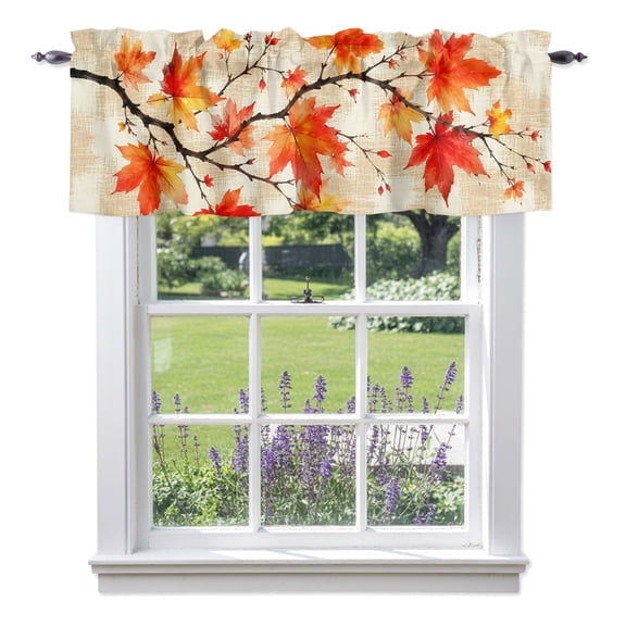 Thanksgiving Fall Valances for Windows, Rustic Orange Maple Leaves Branch Linen Texture Valance Window Treatment Rod Pocket Short Curtains Valances for Kitchen Bathroom 42"W x 12"L