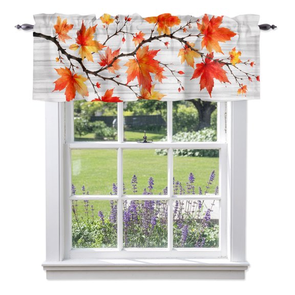 Thanksgiving Fall Valances for Windows, Rustic Orange Maple Leaves Branch Wood Grain Valance Window Treatment Rod Pocket Short Curtains Valances for Kitchen Bathroom 42"W x 12"L