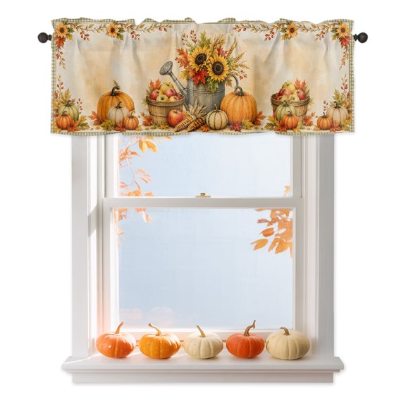 Thanksgiving Fall Valances for Windows, Rustic Orange Pumpkin Maple Leaves Border Gingham Rod Pocket Valance Short Window Treatments Curtains for Kitchen Bathroom Bedroom Decor, 42 x 12 Inches