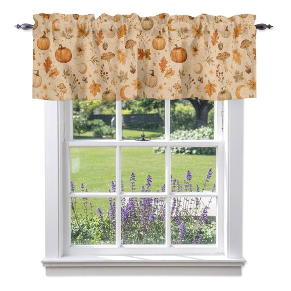 Thanksgiving Fall Valances for Windows, Rustic Pumpkin Leaves Moons Beige Linen Texture Rod Pocket Short Window Valance Curtains Holiday Window Treatment for Kitchen Living Room Bathroom 60" x 14"