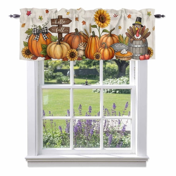 Thanksgiving Fall Valances for Windows, Rustic Pumpkin Pie Turkey Sunflower Linen Backdrop Rod Pocket Short Window Valance Curtains Holiday Window Treatment for Kitchen Living Room Bathroom 60" x 14"