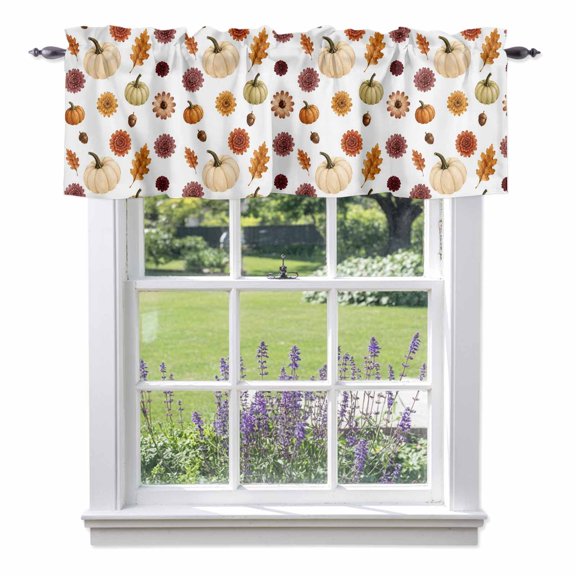 Thanksgiving Fall Valances for Windows, Rustic White Orange Pumpkins Oak Leaves Floral Valance Window Treatment Rod Pocket Short Curtains Valances for Kitchen Bathroom 42"W x 12"L