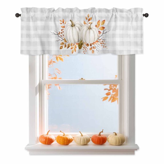 Thanksgiving Fall Valances for Windows, Rustic White Pumpkin Berry Leaves Gray Gingham Rod Pocket Valance Short Window Treatments Curtains for Kitchen Bathroom Bedroom Decor, 42 x 18 Inches