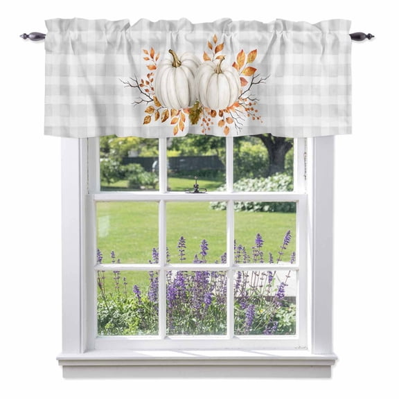 Thanksgiving Fall Valances for Windows, Rustic White Pumpkin Berry Leaves Gray Gingham Valance Window Treatment Rod Pocket Short Curtains Valances for Kitchen Bathroom 60"W x 14"L