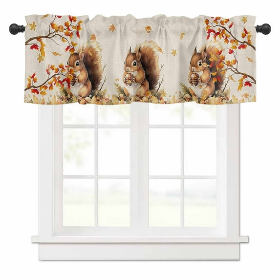 Thanksgiving Fall Valances for Windows Squirrel Maple Leaf Cotton Linen Background Rod Pocket Curtain Valance Window Treatment Short Curtains for Kitchen Living Room, 42"x12"