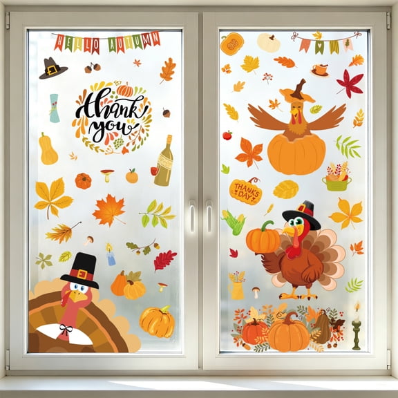 Thanksgiving Fall Wall Decals Peel and Stick, Autumn Pumpkin Turkey Leaf for Home Classroom Party Decor, 4 Sheet Removable Wall Art Set