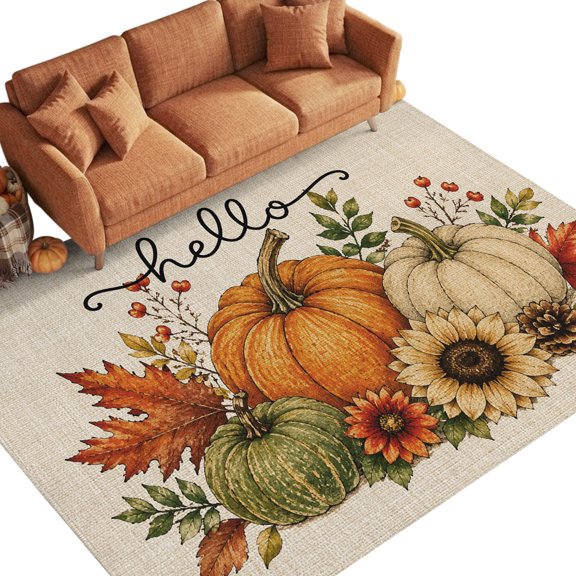 Thanksgiving Fall Washable Area Rug 8 x 10 ft Rustic Orange White Green Pumpkin Linen Texture Soft Non‑Slip Rugs Stain Repellent Indoor Mats for Open Concept Home, Dining Space, Basement Lounge