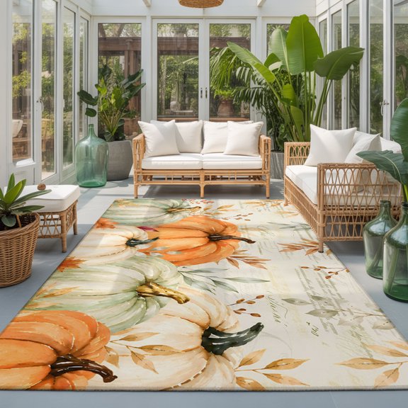 Thanksgiving Fall Washable Area Rugs 3'x5', Rustic Farmhouse Orange Pumpkin Leaf Paper Texture Washable Throw Living Room Rug Non-Slip Sturdy Edge Binding Carpet for Indoor Entryway Bedside Kitchen
