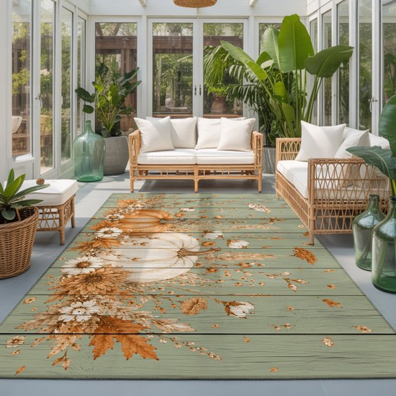 Thanksgiving Fall Washable Area Rugs 3'x5', Rustic Farmhouse Pumpkin Wheat Green Wood Grain Washable Throw Living Room Rug Non-Slip Sturdy Edge Binding Carpet for Indoor Entryway Bedside Kitchen