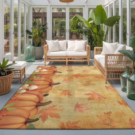Thanksgiving Fall Washable Area Rugs 3'x5', Rustic Ochre Pumpkin Maple Leaf Linen Texture Washable Throw Living Room Rug Non-Slip Sturdy Edge Binding Carpet for Indoor Entryway Bedside Kitchen