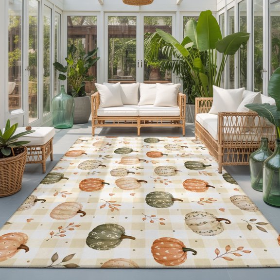 Thanksgiving Fall Washable Area Rugs 3'x5', Rustic Orange Beige Green Pumpkin Gingham Washable Throw Living Room Rug Non-Slip Sturdy Edge Binding Carpet for Indoor Entryway Bedside Kitchen