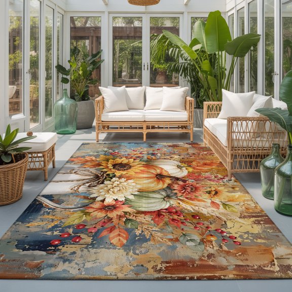 Thanksgiving Fall Washable Area Rugs 3'x5', Rustic Orange Pumpkin Pitcher Oil Painting Washable Throw Living Room Rug Non-Slip Sturdy Edge Binding Carpet for Indoor Entryway Bedside Kitchen