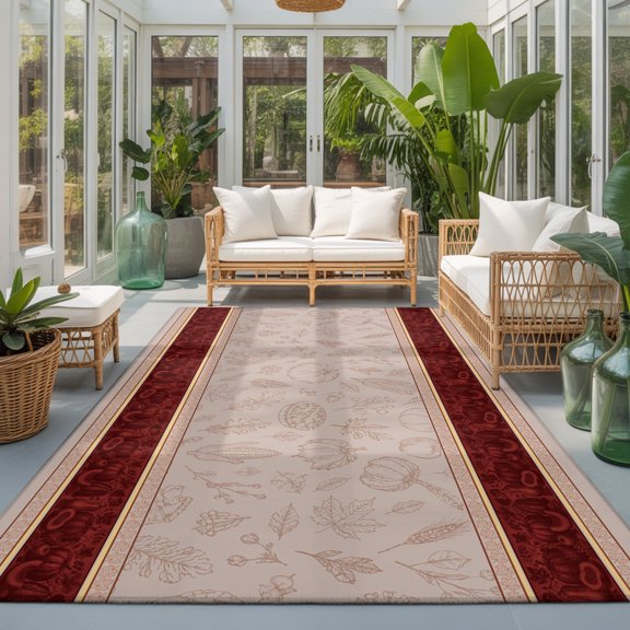 Thanksgiving Fall Washable Area Rugs 3'x5', Rustic Pumpkin Turkey Leave Red Floral Border Washable Throw Living Room Rug Non-Slip Sturdy Edge Binding Carpet for Indoor Entryway Bedside Kitchen