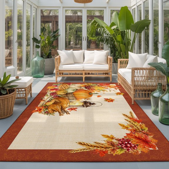 Thanksgiving Fall Washable Living Room Rugs 5'x8', Rustic Orange Turkey Maple Leaf Linen Texture Washable Throw Large Area Rug Non-Slip Sturdy Edge Binding Carpet for Living Area Kitchen Office