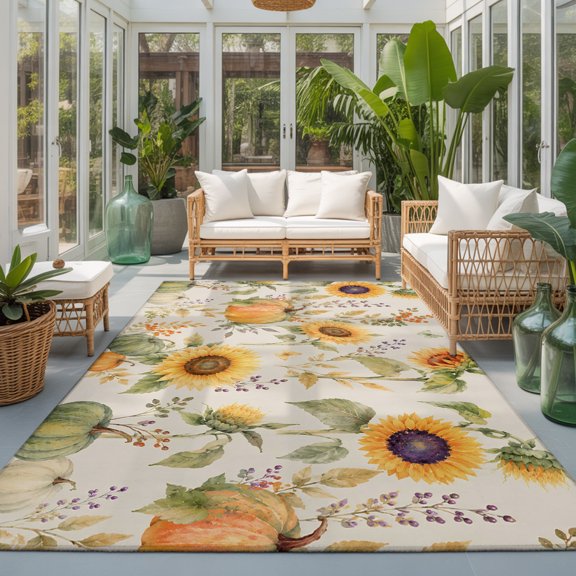 Thanksgiving Fall Washable Living Room Rugs 9'x12', Rustic Sunflower Orange Green Pumpkin Leaf Washable Throw Large Area Rug Non-Slip Sturdy Edge Binding Carpet for Bedroom Dining Room Office