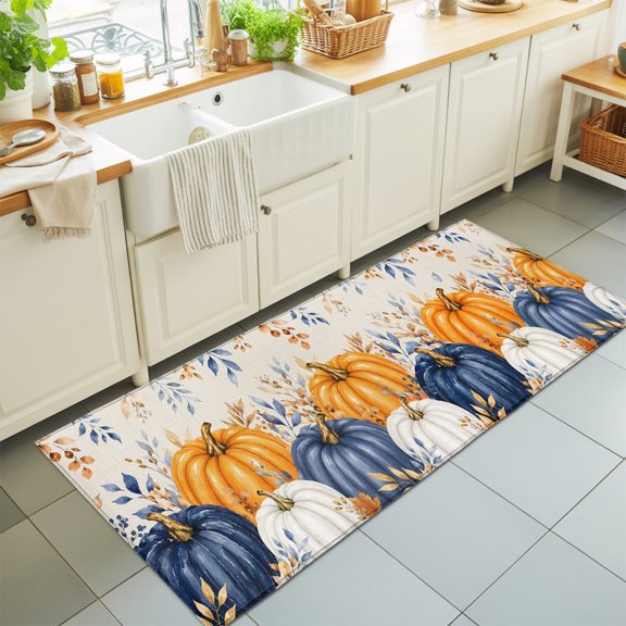 Thanksgiving Fall Washable Runner Rugs 2'x6', Rustic Farmhouse Orange Navy Pumpkin Linen Texture Washable Runner Rug Non-Slip Sturdy Edge Binding Carpet for Bedside Hallway Runner Kitchen Galley
