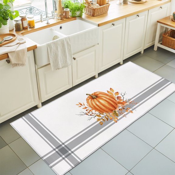 Thanksgiving Fall Washable Runner Rugs 2'x6', Rustic Orange Pumpkin Leaves Gray Plaid Lines Washable Runner Rug Non-Slip Sturdy Edge Binding Carpet for Bedside Hallway Runner Kitchen Galley