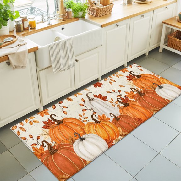 Thanksgiving Fall Washable Runner Rugs 2'x6', Rustic Orange White Pumpkin Maple Leaf Letter Washable Runner Rug Non-Slip Sturdy Edge Binding Carpet for Bedside Hallway Runner Kitchen Galley