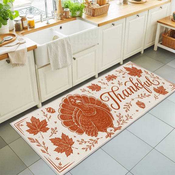 Thanksgiving Fall Washable Runner Rugs 2'x6', Rustic Terracotta Turkey Maple Oak Leaf Acorn Washable Runner Rug Non-Slip Sturdy Edge Binding Carpet for Bedside Hallway Runner Kitchen Galley